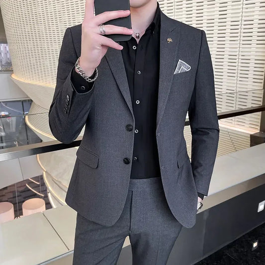 ( Blazer + Pants ) High End Brand Plaid Men's Casual Formal Office Business Suit Groom Wedding Dress Slim Suit Jacket Trousers
