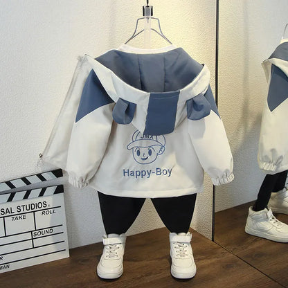 Toddler Boys Hooded Jackets 2025 Spring Autumn Baby Clothing Cute Boy Pattern Color Block Zipper Long sleeves Windbreaker Coats