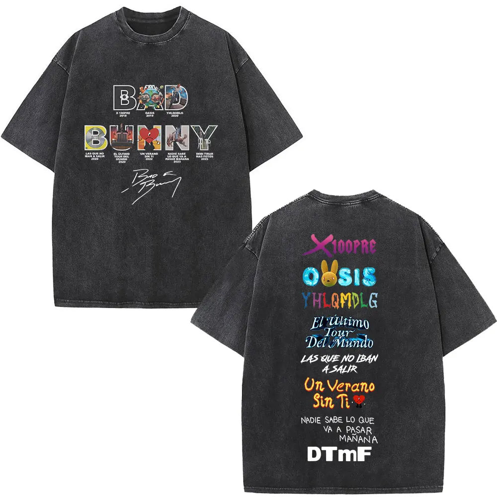 Rapper Bad Bunny Washed Vintage T-shirt Debi Tirar Mas Fotos DTMF World Tour 2026 T Shirts Men Women Fashion Hip Hop T-shirts