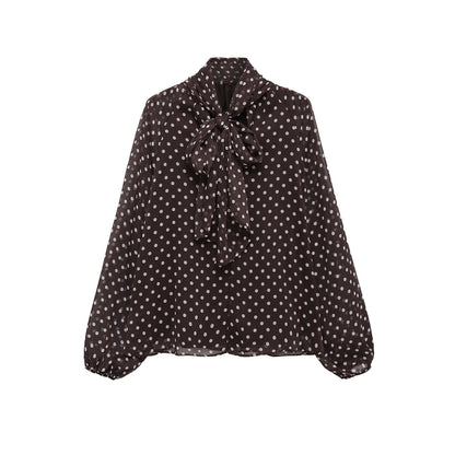 Polka Dot Printed Women Shirt 2026 Spring New Bow Tied Blouse Woman Tops Lady Ruffles Long Sleeve Loose Elegant Blouses Top ﻿