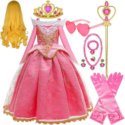 2026 Disney Sleeping Beauty Aurora Princess Dress Girl Cosplay Off Shoulder Kids Gifts Fancy Party Girl Baby Fine Lace Dress Set