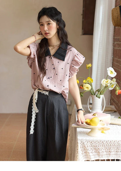 Summer Office Lady Blouses Women 2025 Short Sleeve Turn-down Collar Polka Dot Shirts Female Fashion Slim Tops MXE31C0776