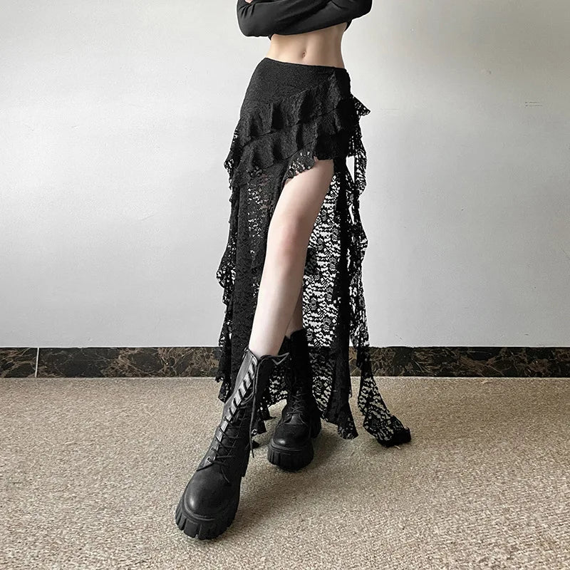 Women Tassel Skirt Irregular Hem Multi Layered Ruffles Lace Patchwork Sweet Summer Daily Wear Skinny Versatile Purple Skirt