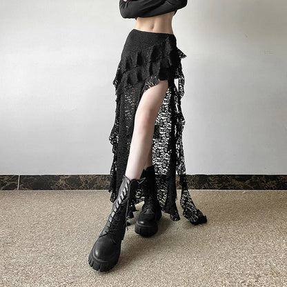 Women Tassel Skirt Irregular Hem Multi Layered Ruffles Lace Patchwork Sweet Summer Daily Wear Skinny Versatile Purple Skirt