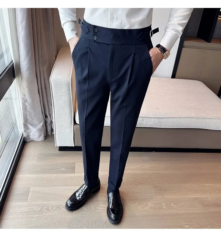 Autumn Winter High Waist Business Dress Pants Men Casual Belt Design Slim Suit Pants Formal Wedding Social Party Male Trousers
