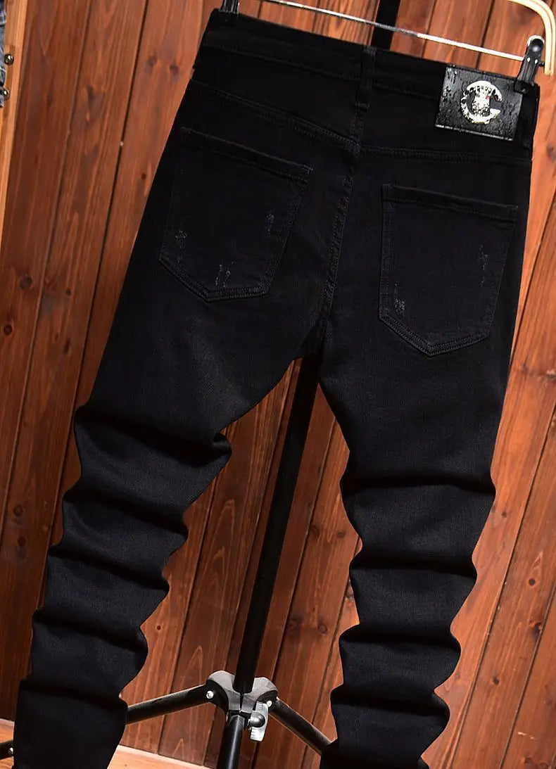 2025 Jeans Men's Spring Autumn Versatile Korean Black Elastic Slim Small Feet Zipper Pants Autumn Cowboy Man Pants Design Jeans