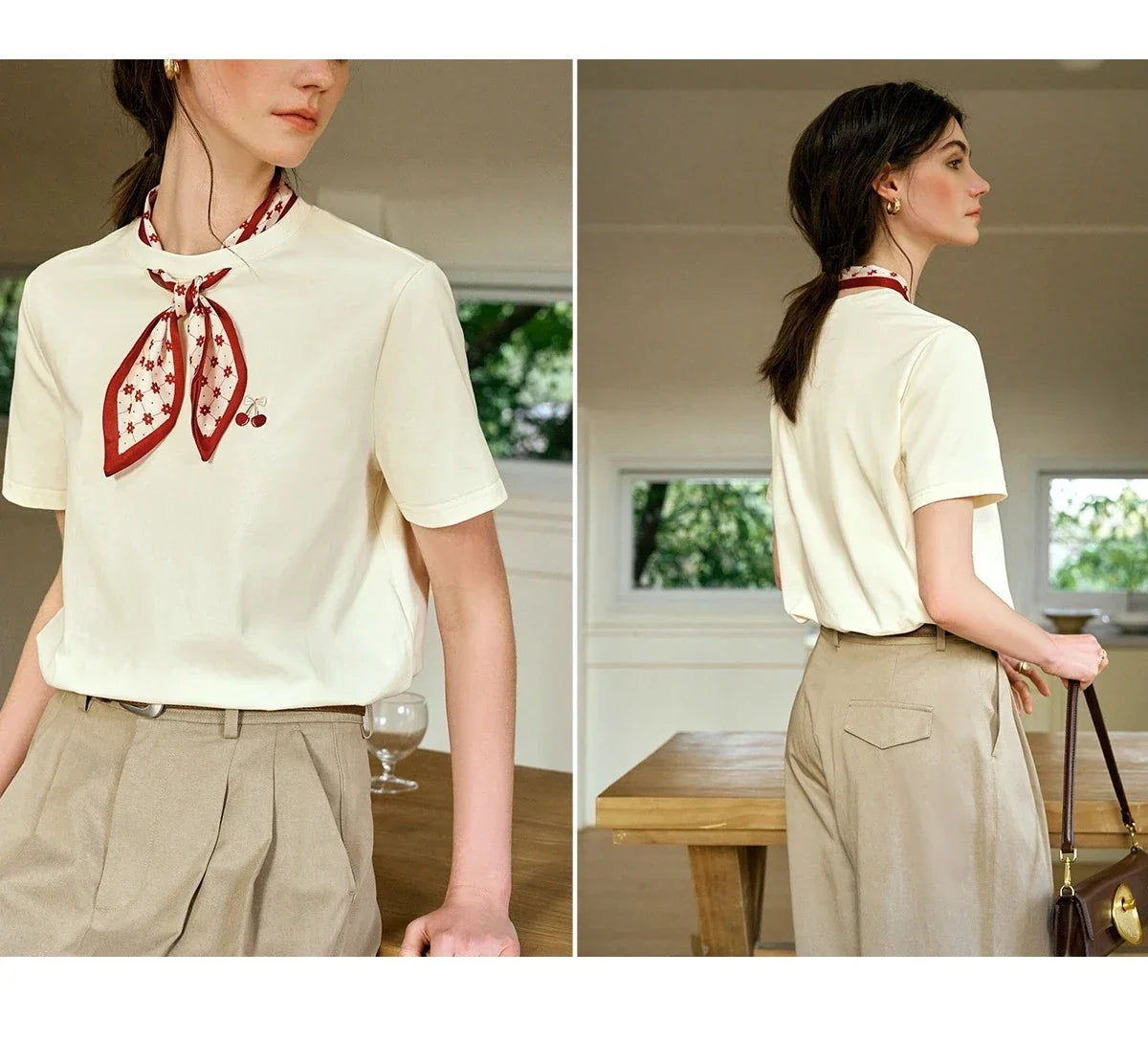Women T-Shirt 2026 New Summer Neckline Hollow Tops French Style Silk Scarf with Embroidered Short-sleeved Tees O57XT96396