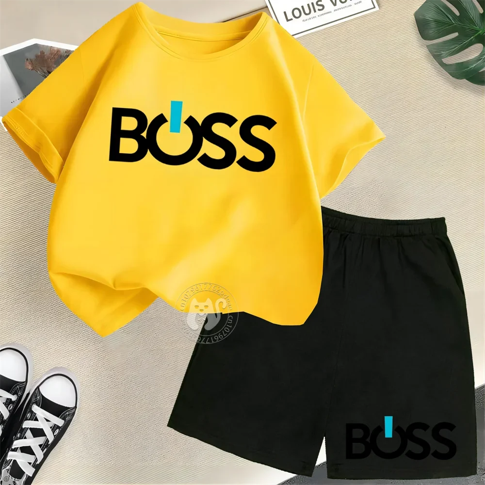 Simple letter BOSS Print Teen boys Girls street casual suit top Kids Summer  Short sleeve T-shirt + Shorts