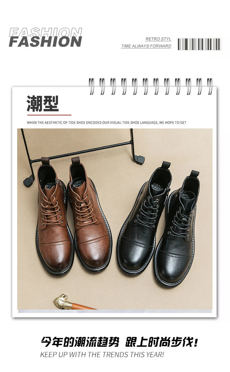 Men Black Leather Boots Casual Lace Up Leather Shoes Size 39-46