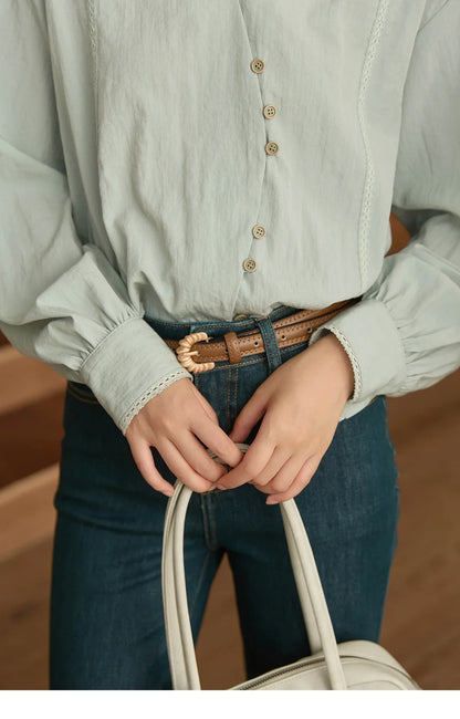 Women's Linen Shirt 2025 Autumn Contrast Apricot Lapel Shirts Long Sleeve Curved Placket Tops Office Lady MXE43C2387