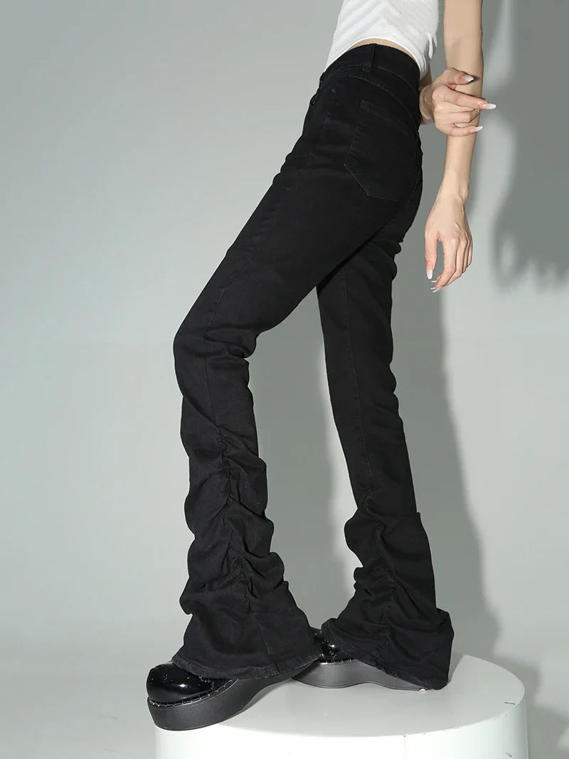 Stacked Flare Jeans Women Black Trousers Goth Retro Solid Stretch High Rise Boot Cut Pants Japanese Korean Y2k Fashion