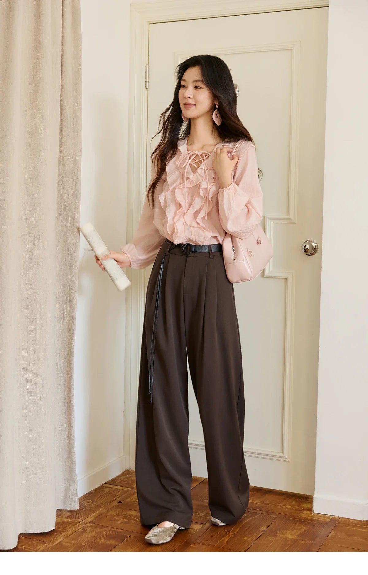 Pink Ruffled Blouse for Woman 2025 Autumn New Elegant Sweet V-neck Lace-up Design Shirt Lantern Sleeves Top MXE49X2504