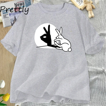Funny Rabbit Hand Shadow T-Shirt Cute Cotton Short Sleeve T Shirt for Men Women Couple Short Sleeve Tops Harajuku Y2k Clothing