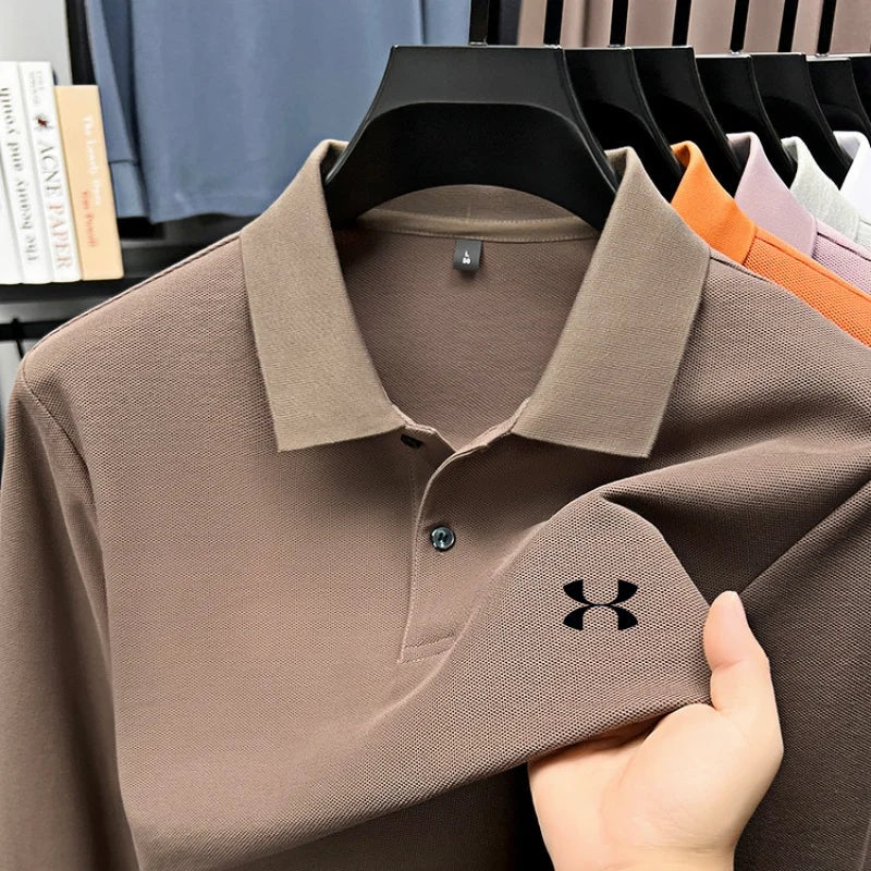 Men's brand polo shirt letter printed long sleeved top spring new 100% cotton casual sports breathable lapel fashionable T-shirt