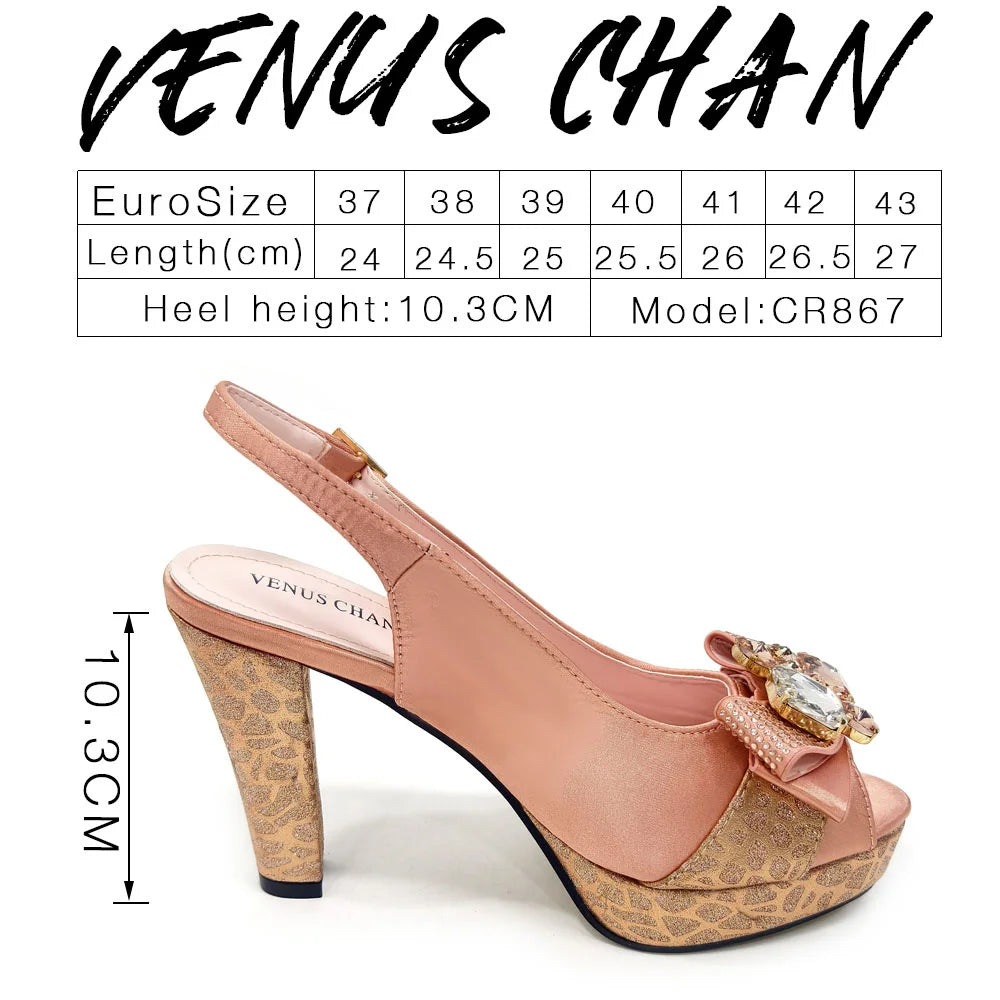 Shoes for Women High Heels INS Style Rhinestone Peep Toe Bow Gold Color New Italian Shoes and Bag for Party 2024