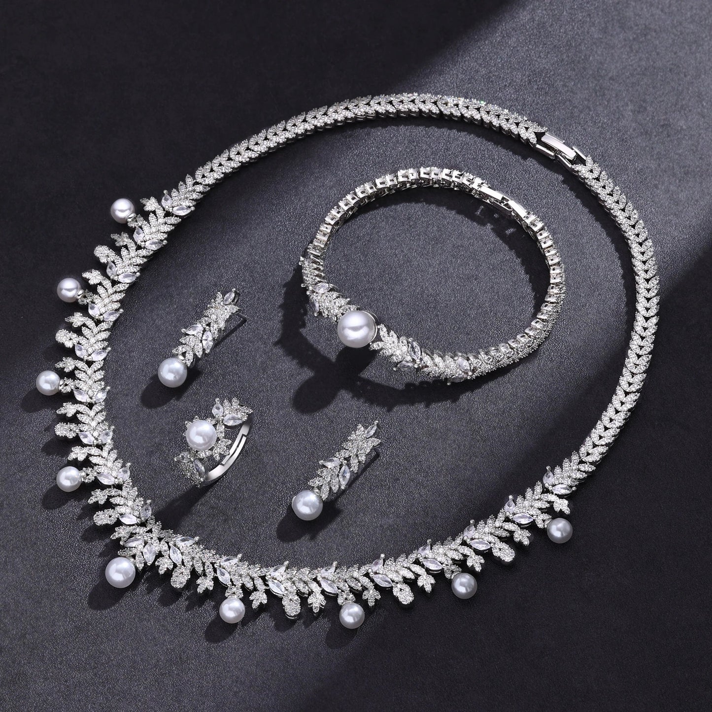 2023 New Cubic zirconia Pearl Necklace Earrings Set of 4 Women's Wedding Party All Zircon Dubai Bridal Jewelry Set Gift