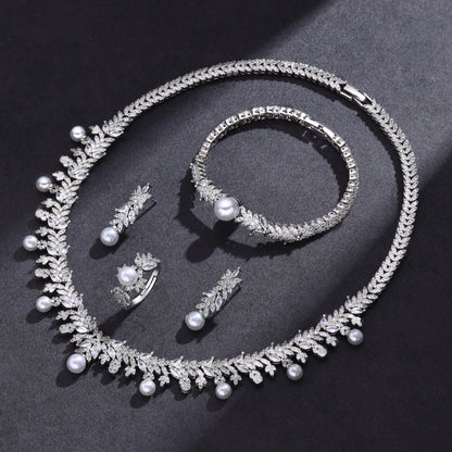 2023 New Cubic zirconia Pearl Necklace Earrings Set of 4 Women's Wedding Party All Zircon Dubai Bridal Jewelry Set Gift