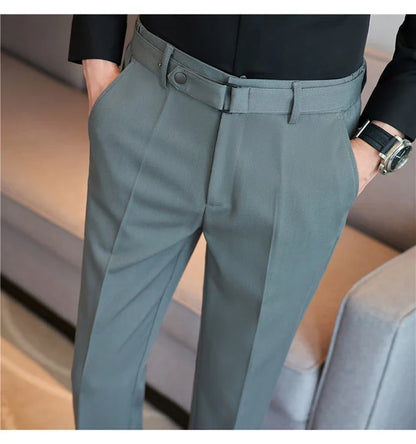 Fashion Belt Decoration Design Men's Suit Pants High Quality Business Slim Fit Casual Straight Formal Wedding Party Trousers