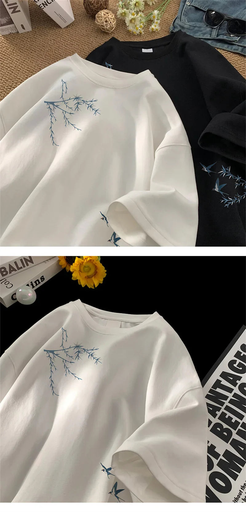 Men's Oversized T-shirts Fashion White 5XL Cotton T Shirt for Men Casual Summer Wear Bird Print Tee Shirts Men Clothing