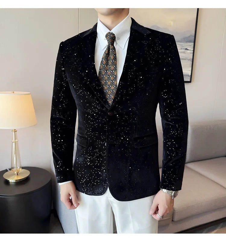High Quality Velvet Bronzing Suit Coats Mens Sparkle Elegant Slim Business Suits Jacket Homme Formal Social Prom Party Tuxedos