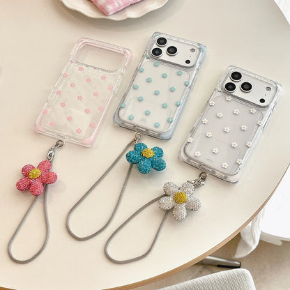 Vibrant All-over Little Flower Clear With Rhinestone Pendant Lanyard Rectangle Phone Cover Case for iPhone 17 16 15 Pro Max