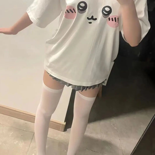 Japanese White Sweet T-shirt Kawaii Cartoon Expression Print Tshirt Preppy Cute Casual Tee Fashion Harajuku Girls All Match Tops