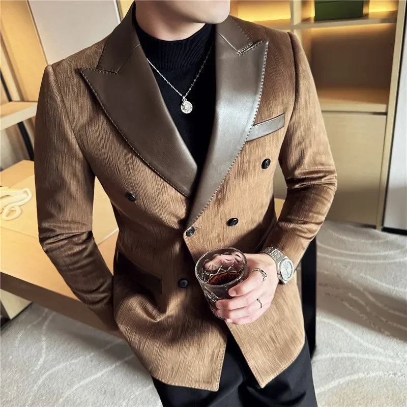 British Style Luxury Men Double Breasted Suit Jacket High Quality Fashion PU Leather Neck Spliced Coats Groom Social Party Dress