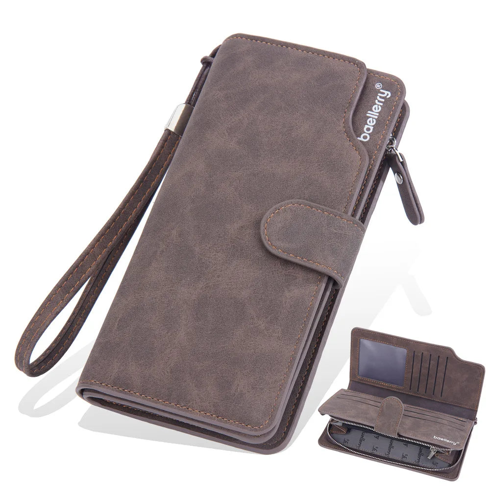 Retro Long Wallet for Men Business Soft PU Leather Zipper Card Holder Multi-Slot Phone Bag