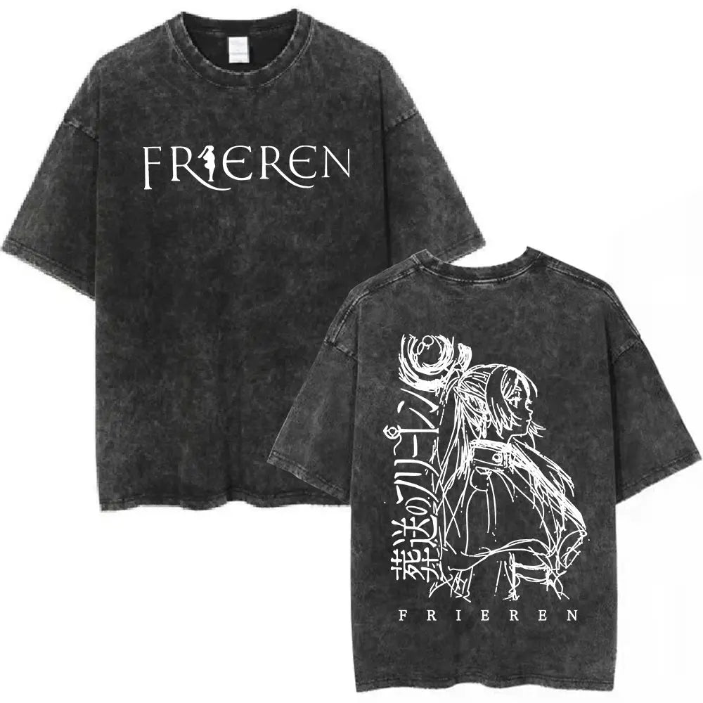 Anime Frieren: Beyond Journey's End Graphic Washed Vintage T-shirt Men's Women Fashion Short Sleeve Cotton Casual Loose T Shirts