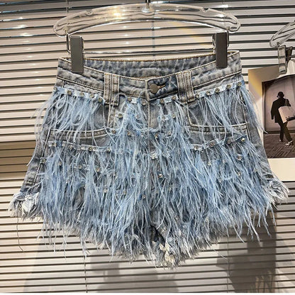 Summer Street Hot Girls Short Jeans Female Chic Feather Diamond Denim Shorts Women Retro Washed Hot Pants Sexy Night Club Shorts