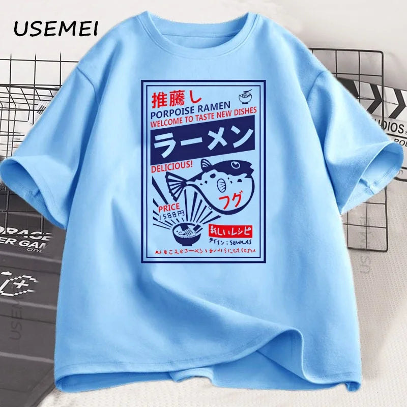 Vintage Fugu Puffer Fish Ramen T-Shirts Japanese Style Cotton Short Sleeve T Shirt Summer Crewneck Loose Tshirt Mens Clothing