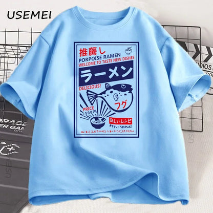Vintage Fugu Puffer Fish Ramen T-Shirts Japanese Style Cotton Short Sleeve T Shirt Summer Crewneck Loose Tshirt Mens Clothing