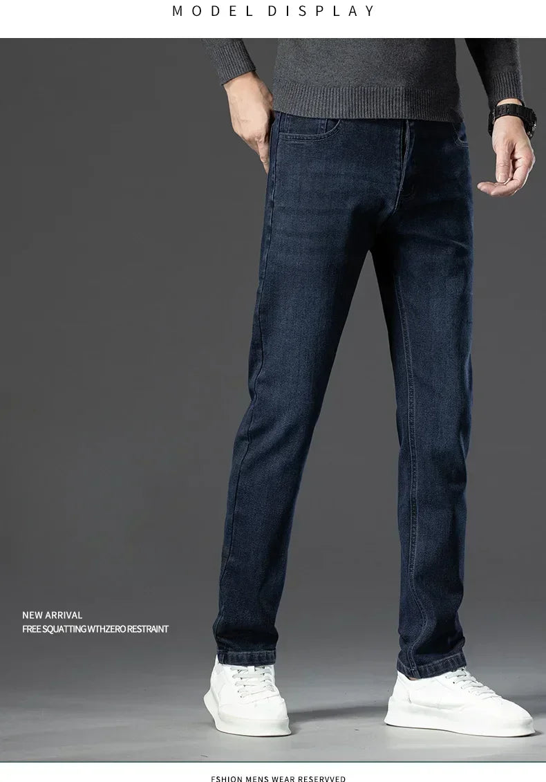 Men's Thicken Fleece Straight Jeans Winter Business Casual Stretch Denim Pants Warm Plush Brand Trousers Pans Male Classic