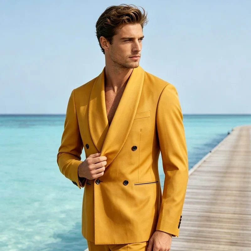 Luxury Men's Summer Blazer Shawl Lapel Slim Fit Double Breasted Suit Jacket Business Casual Wedding Groom Tuxedo Formal Party