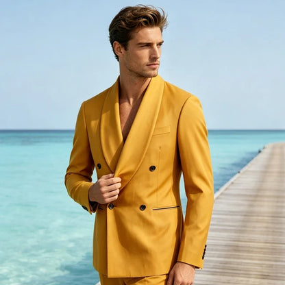 Luxury Men's Summer Blazer Shawl Lapel Slim Fit Double Breasted Suit Jacket Business Casual Wedding Groom Tuxedo Formal Party