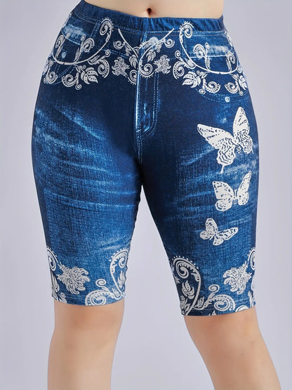 Lmitation Denim Leggings For Women Butterfly Waist Fruit Flower Elastic Shorts High Waist Casual