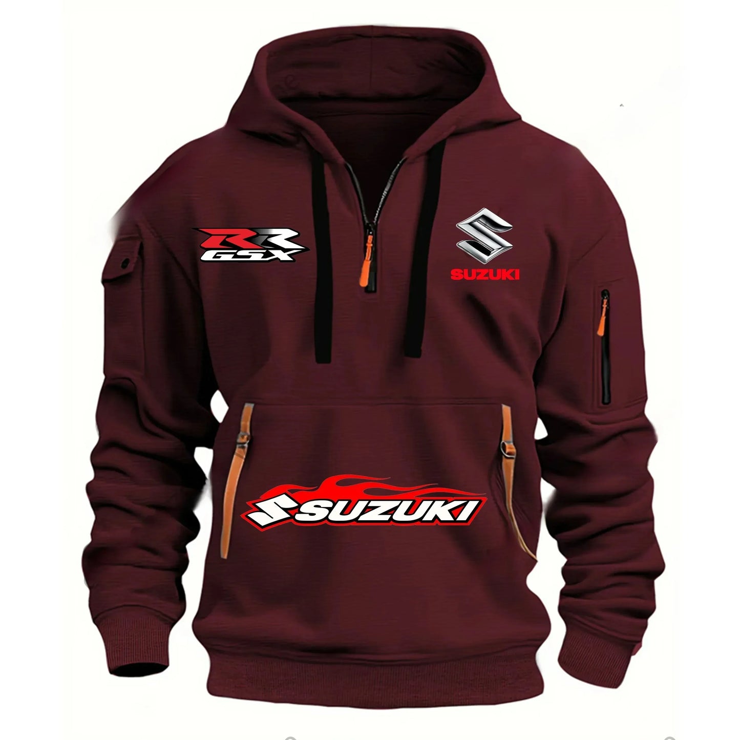 Suzuki brand men's street sports motorcycle hoodie with printed design autumn and winter semi-zipper multi-pocket sweatshirt