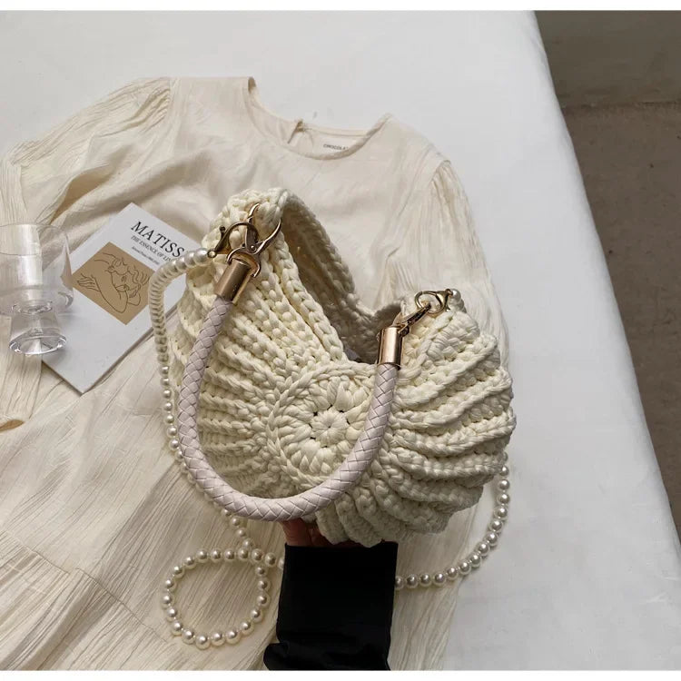 Fashion Conch Shaped Crochet Women Shoulde Bags Funny Cute Pearls Chains Handmade Weave Crossbody Bag Novelty Small Handbags