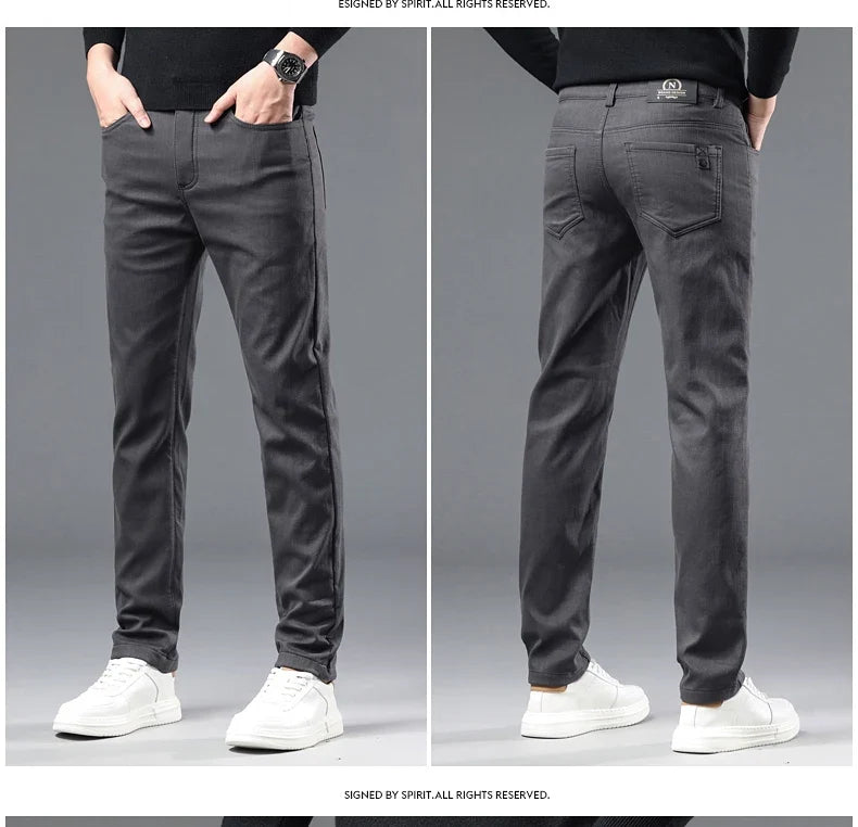 2024 Winter New Men's Warm Slim Fit Business Casual Fashion Thicken Trousers Fleece Stretch Brand Pants Black Grey Army Green