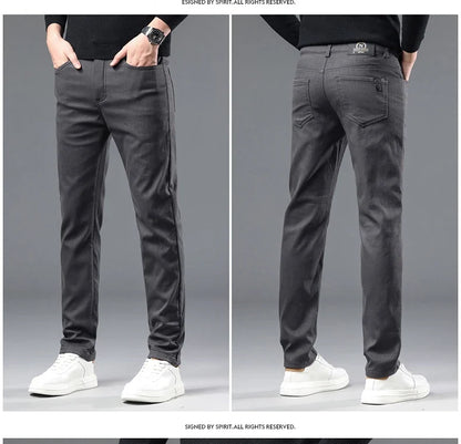 2024 Winter New Men's Warm Slim Fit Business Casual Fashion Thicken Trousers Fleece Stretch Brand Pants Black Grey Army Green