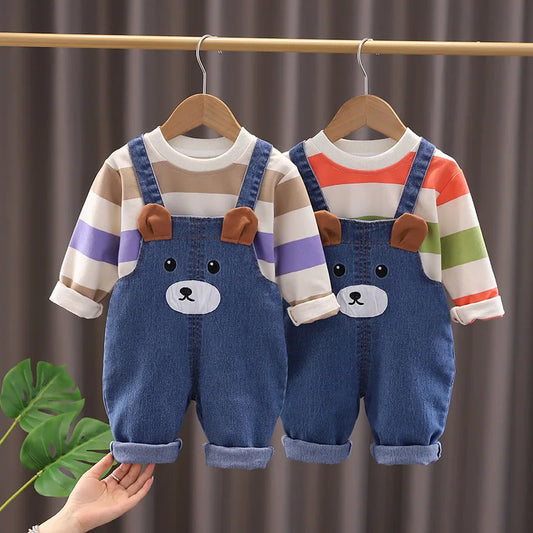 New Spring Autumn Baby Clothes Suit Children Boys Striped T-Shirt Overalls 2Pcs/Sets Infant Girls Clothing Set Kids Tracksuits