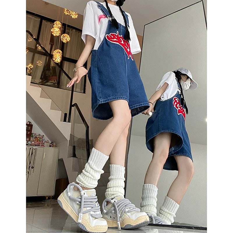 Women Streetwear Kawaii Denim Shorts Overalls Lady Fashion Embroidery Oversize Wide Leg Jeans Female Y2k Clothes Deep Blue Pants