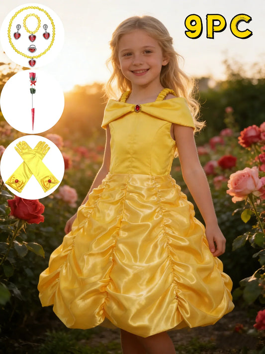 Off Shoulder Yellow Princess Dress for Kids Girl Belle Role Playing Clothing Fancy Carnival Party Birthday Ball Gowns Halloween