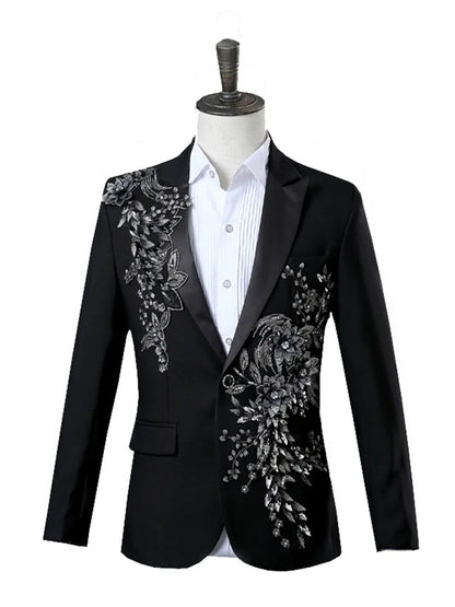 Men White Appliqued Blazer Masculino Chinese Red Costume Homme Pour Mariage Stage Wear
