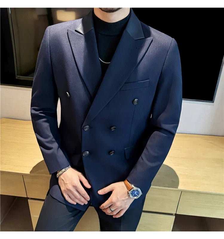 (1 Pcs Jackets) New Thicken Thicken Striped Casual Suit Jacket Fashion Splicing Leather Neck Men's Business Slim Blazers Tuxedos