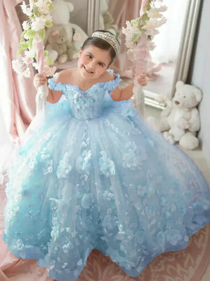 Pink 3d Applique Flower Girl Dress For Wedding Off Shoulder Luxurious Pearls Tulle Child First Eucharistic Birthday Party Dress