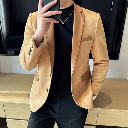 High Quality Deerskin Velvet Splicing Leather Collar Suit Blazers Men Casual Business Slim Coats Mens Social Wedding Clothing