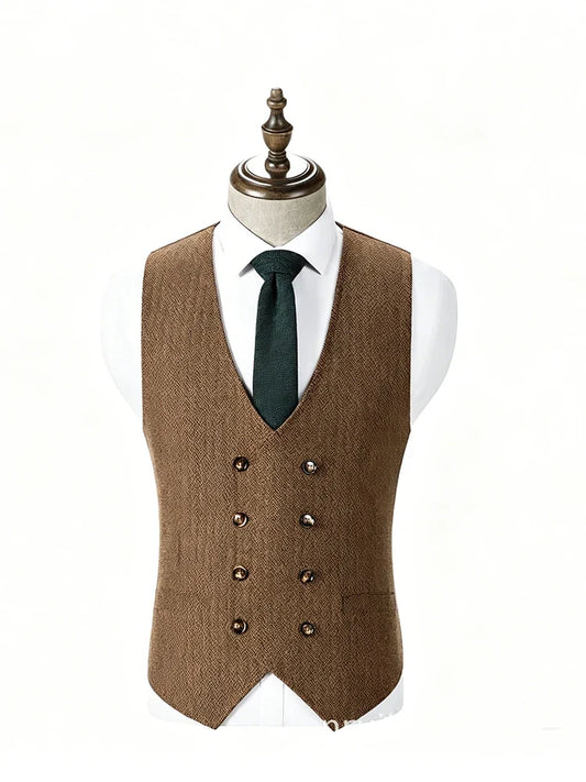 Men Retro British Tweed Double Breasted Suit Vest Plus Size V Neck Herringbone Formal Waistcoat Fashion Outer Vest with Pocket