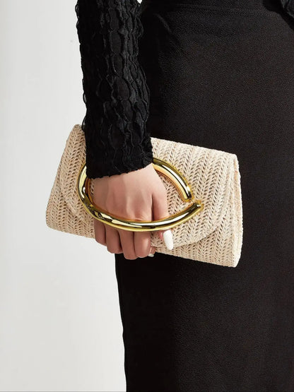 Women's Woven Clutch Bag with Flap, Stylish Handle, Detachable Shoulder Strap, Simple Solid Color, Wedding Season, Party, Prom, Gathering, Envelope Bag, Flap Bag, Summer Beach, Holiday Essential, Vacation Season, Solid Color,