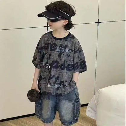 Cute Boys Distressed Letter Print Short Sleeve T-Shirt Summer 2026 Loose Fit Kids Sizes 12-16